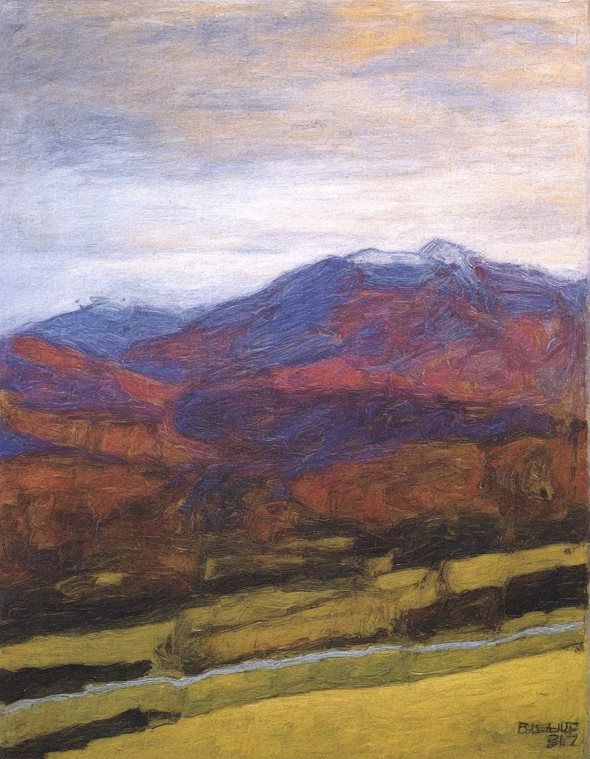 high quality, newest,traditional media, painting (medium), Gaouch \(medium\), 
outdoors, sky,  cloud,  dated, no humans,cloudy sky, scenery, mountain,  landscape
