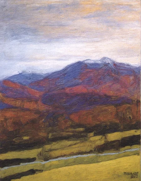 high quality, newest,traditional media, painting (medium), Gaouch \(medium\), 
outdoors, sky,  cloud,  dated, no humans,cloudy sky, scenery, mountain,  landscape