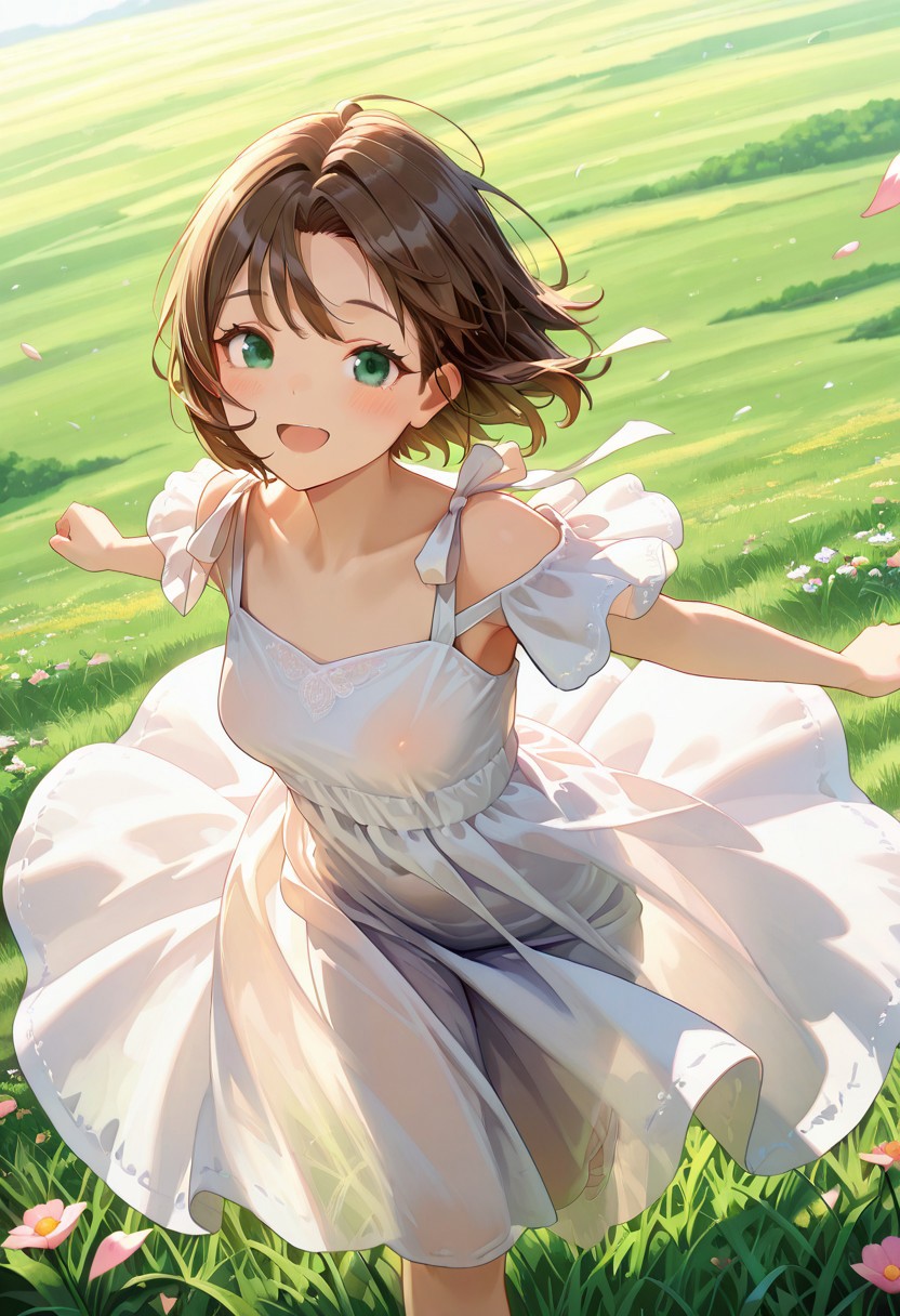 masterpiece, best quality, absurdres, 8k, ultra detailed, aesthetic, very aesthetic, newest, atnr style
see-through, extremely detailed face, detailed eyes, detailed eyelashes, 1girl, green eyes, black eyes, shoulder ribbon
solo, blush, medium breasts, short hair, mature female, brown hair, white hair ribbon, perky breasts
flowing skirt, flower petal, wind, running, dress, outstretched arms, open mouth, grass, outdoors, smile
white dress, thigh, looking at viewer, backlighting