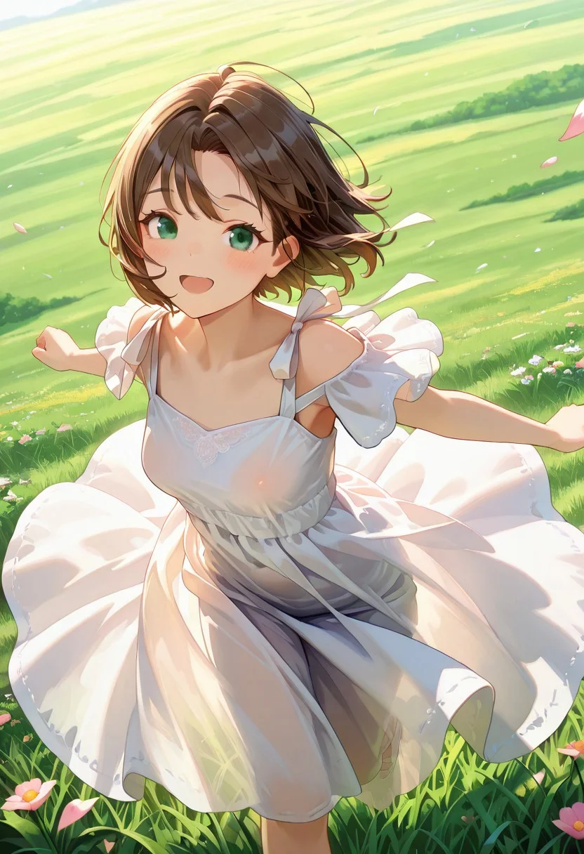 masterpiece, best quality, absurdres, 8k, ultra detailed, aesthetic, very aesthetic, newest, atnr style
see-through, extremely detailed face, detailed eyes, detailed eyelashes, 1girl, green eyes, black eyes, shoulder ribbon
solo, blush, medium breasts, short hair, mature female, brown hair, white hair ribbon, perky breasts
flowing skirt, flower petal, wind, running, dress, outstretched arms, open mouth, grass, outdoors, smile
white dress, thigh, looking at viewer, backlighting