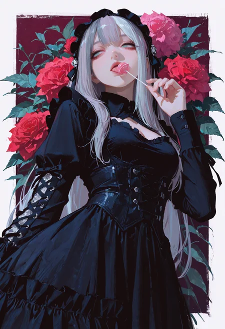 masterpiece, best quality, good quality, newest, highres, absurdres, from below,
pastel cyan eyes, grey hair, multi colored hair, long hair, hair ornament, twintale, 
victorian black maid dress, frilled skirt, half closed eyes, dazed, emotionless, small breasts, cleavage, adult,
1girl, solo, upper body, roses, hand up, licking lollipop, looking to the side, leaf, red roses, black roses, gradient purple background with thick white border,
hydrangea, laced sleeves, Ethereal Brushstroke, Flat vector illustration, rakugakingu, 
<lora:ppw_v7_animv4_1_r2:0.6> <lora:748cm_illu:0.6> 7481llu <lora:69yottea_illu_v2:0.4> <lora:illustrious_all_rated_v1:0.6> masterpiece, best quality, very aesthetic, <lora:LLDN-IL:0.6>