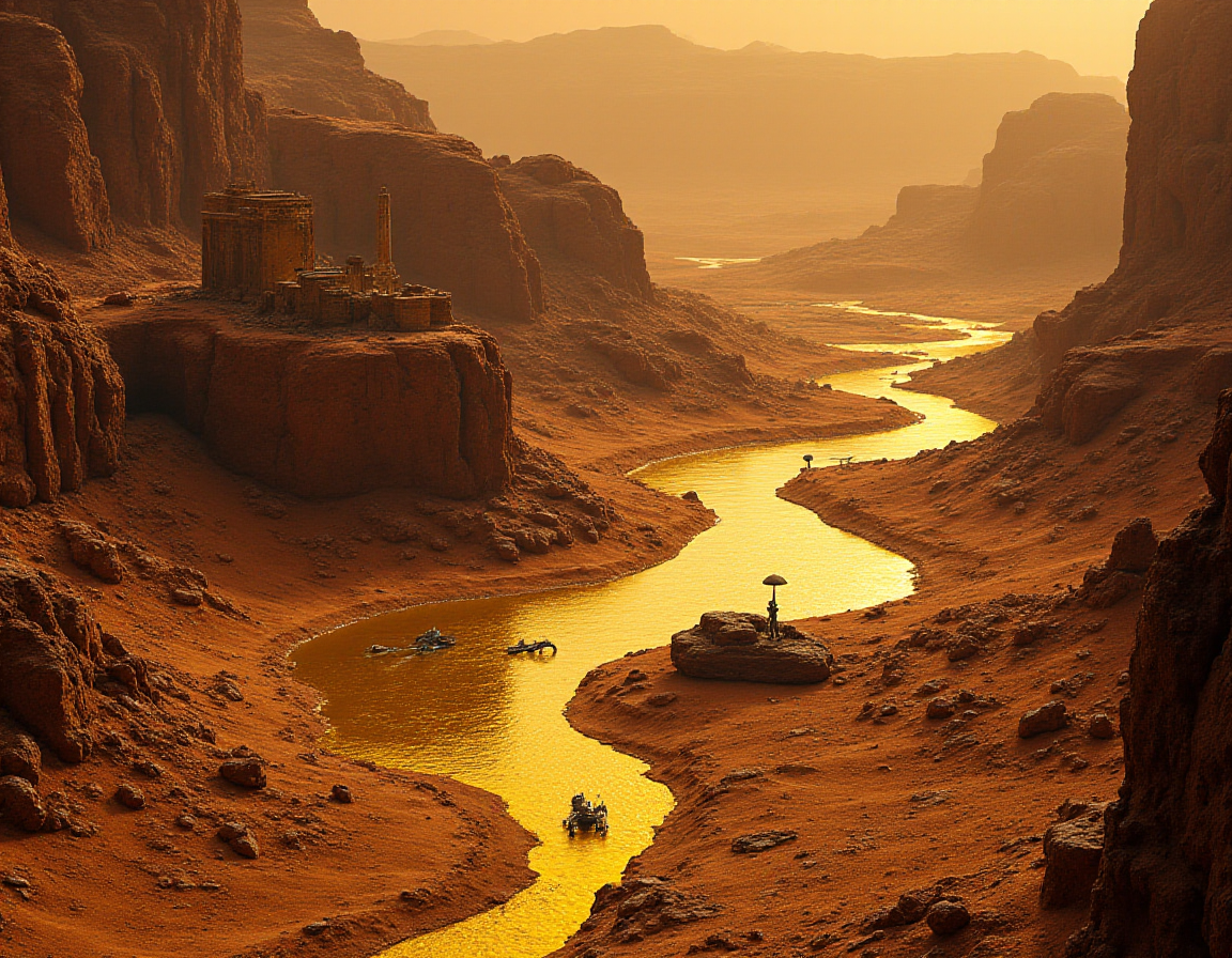 A surreal landscape photo of a mystical canyon on Mars, where ancient ruins made of what appears to be liquid gold stretch across the rocky terrain, surrounded by strange symbols that seem to hold secrets of the universe. <lora:Phlux:0.4> <lora:fluxenhancer:0.4> <lora:amateurphoto-v5-14-15-1-1:0.4>