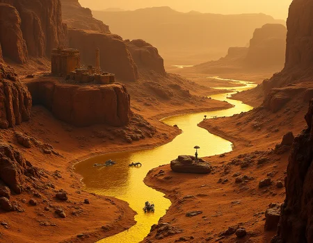 A surreal landscape photo of a mystical canyon on Mars, where ancient ruins made of what appears to be liquid gold stretch across the rocky terrain, surrounded by strange symbols that seem to hold secrets of the universe. <lora:Phlux:0.4> <lora:fluxenhancer:0.4> <lora:amateurphoto-v5-14-15-1-1:0.4>