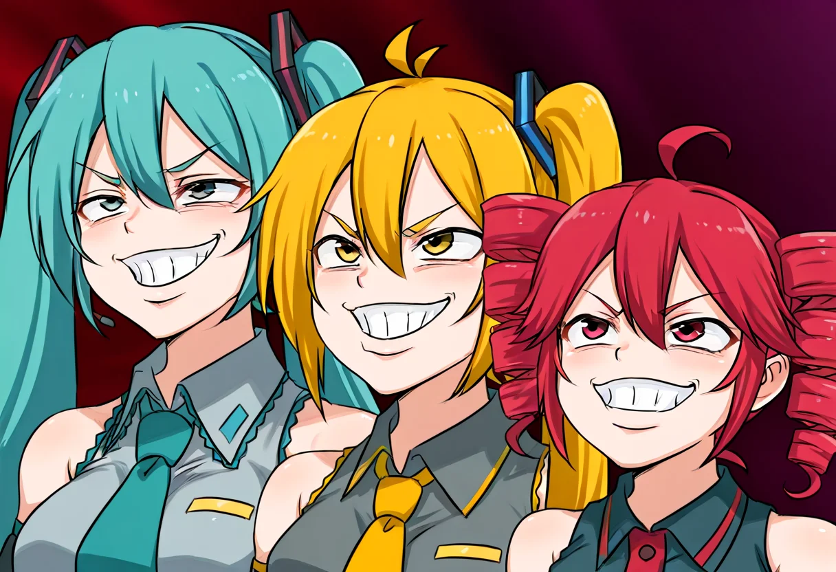 (masterpiece, high quality, amazing detail), highres, getter team pose meme, smile, 3girls, grin, meme, hatsune miku, kasane teto, akita neru, <lora:getter_team_pose:1>