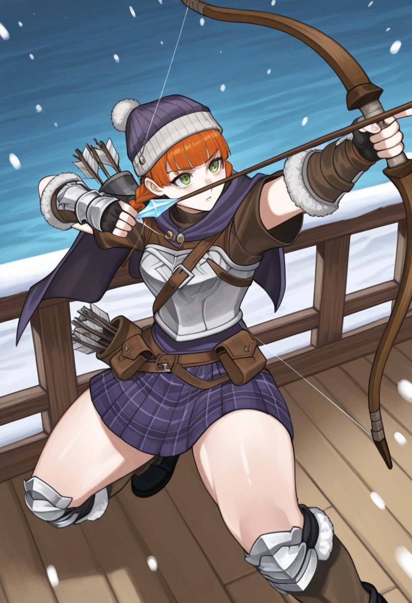 source_vanillaware,
from above, action pose, dynamic pose,
1girl, solo,
YunifiIL, Yunifi Unicorn Overlord,
green eyes, orange hair, braided twintails, hime bangs,
beanie, small cape, brown chest strap, breastplate, brown undershirt, fur trims, fingerless gauntlets, kilt skirt, brown pouch, thick thighs,
determined, looking up, aiming bow weapon up,
quiver, holding ice arrow, brown shortbow, shortbow in front,
snowing, wooden floor, wood railings, ocean,