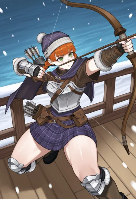 source_vanillaware,
from above, action pose, dynamic pose,
1girl, solo,
YunifiIL, Yunifi Unicorn Overlord,
green eyes, orange hair, braided twintails, hime bangs,
beanie, small cape, brown chest strap, breastplate, brown undershirt, fur trims, fingerless gauntlets, kilt skirt, brown pouch, thick thighs,
determined, looking up, aiming bow weapon up,
quiver, holding ice arrow, brown shortbow, shortbow in front,
snowing, wooden floor, wood railings, ocean,