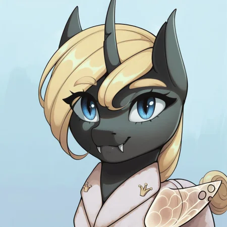 masterpiece, score_9_up, score_8_up, score_7_up, score_6_up, (best quality:1.1), ultra-detailed, high resolution, 1character, solo, Yaria, changeling oc, mlp, feral, black skin, long blonde mane, blonde eyebrows, (((beautiful detailed blue eyes))), long eyelashes, crocked horn, single horn, animal ears, yellow insect wings, closed mouth, fang, portrait, detailed facial features, expressiveh, simple background, highly visible, sharp focus, anatomically correct, clothes