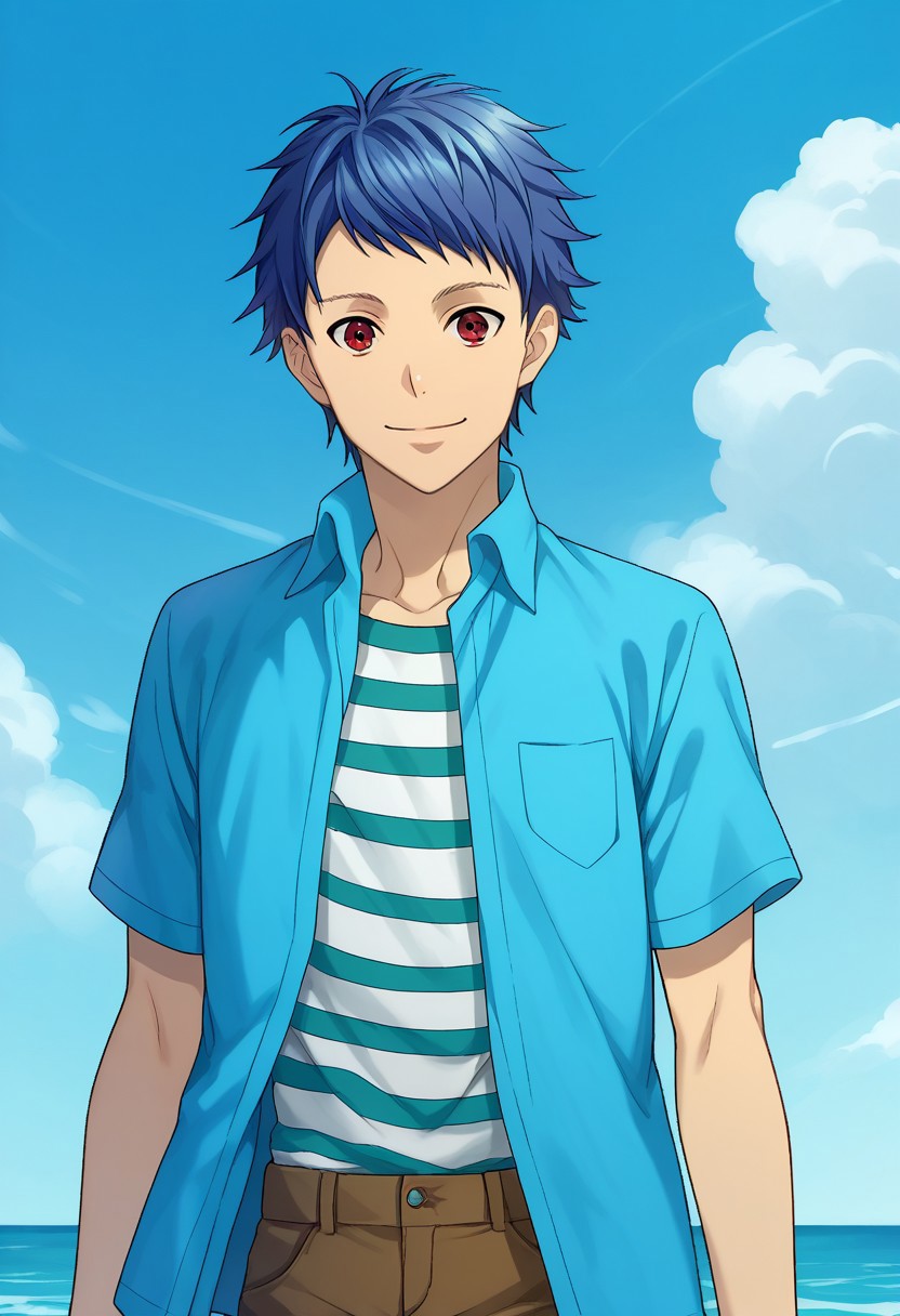 score_9, score_8_up, score_7_up, source_anime, highly detailed, 

Ichijou, 1boy, male focus, solo, blue hair, short hair, red eyes, shirt, blue shirt, short sleeves, open shirt, open clothes, striped, striped shirt, smile, brown pants, closed mouth

outdoor, sky,