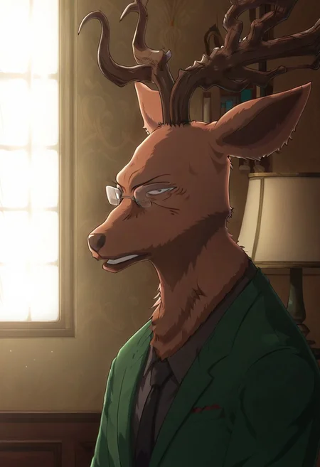 score_9_up, score_8_up, score_7_up, Masterpiece, best quality, high quality, detailed, male, solo male, 1boy, Oguma, mature male, anthro, deer, reddish brown body, black eyes, beastars, antlers, animal ears, broad shoulders, athletic build, glasses, looking at viewer, scowl, gray shirt, black tie, green suit, half body, volumetric lighting, standing, office, standing near window