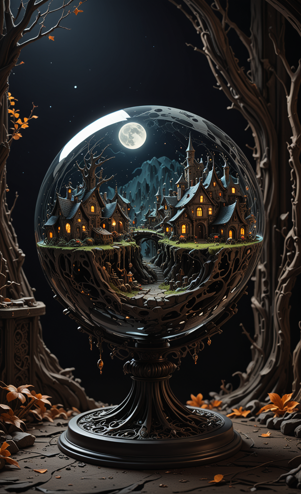 A  glass sphere sculpture, concealed inside the sphere is a Hobbits village, in the dark, detailed image, 8k high quality detailed, the moon, shaped sphere, amazing wallpaper, digital painting highly detailed, 8k UHD detailed oil painting, beautiful art UHD, focus on full glass sphere, bokeh,  background Modifiers: extremely detailed Award winning photography, fantasy studio lighting, photorealistic very attractive beautiful imperial colours ultra detailed 3D, (Very Intricate), UHD, <lora:3D_Framed_Wall_Art_-_By_DICE:1>, (3D Framed, Macabre)