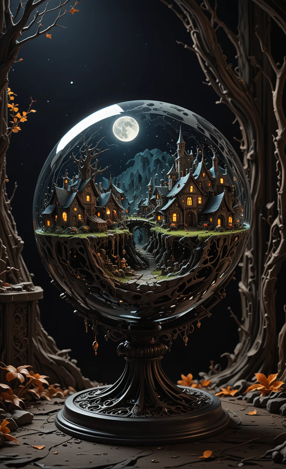 A glass sphere sculpture, concealed inside the sphere is a Hobbits village, in the dark, detailed image, 8k high quality detailed, the moon, shaped sphere, amazing wallpaper, digital painting highly detailed, 8k UHD detailed oil painting, beautiful art UHD, focus on full glass sphere, bokeh, background Modifiers: extremely detailed Award winning photography, fantasy studio lighting, photorealistic very attractive beautiful imperial colours ultra detailed 3D, (Very Intricate), UHD, <lora:3D_Framed_Wall_Art_-_By_DICE:1>, (3D Framed, Macabre)