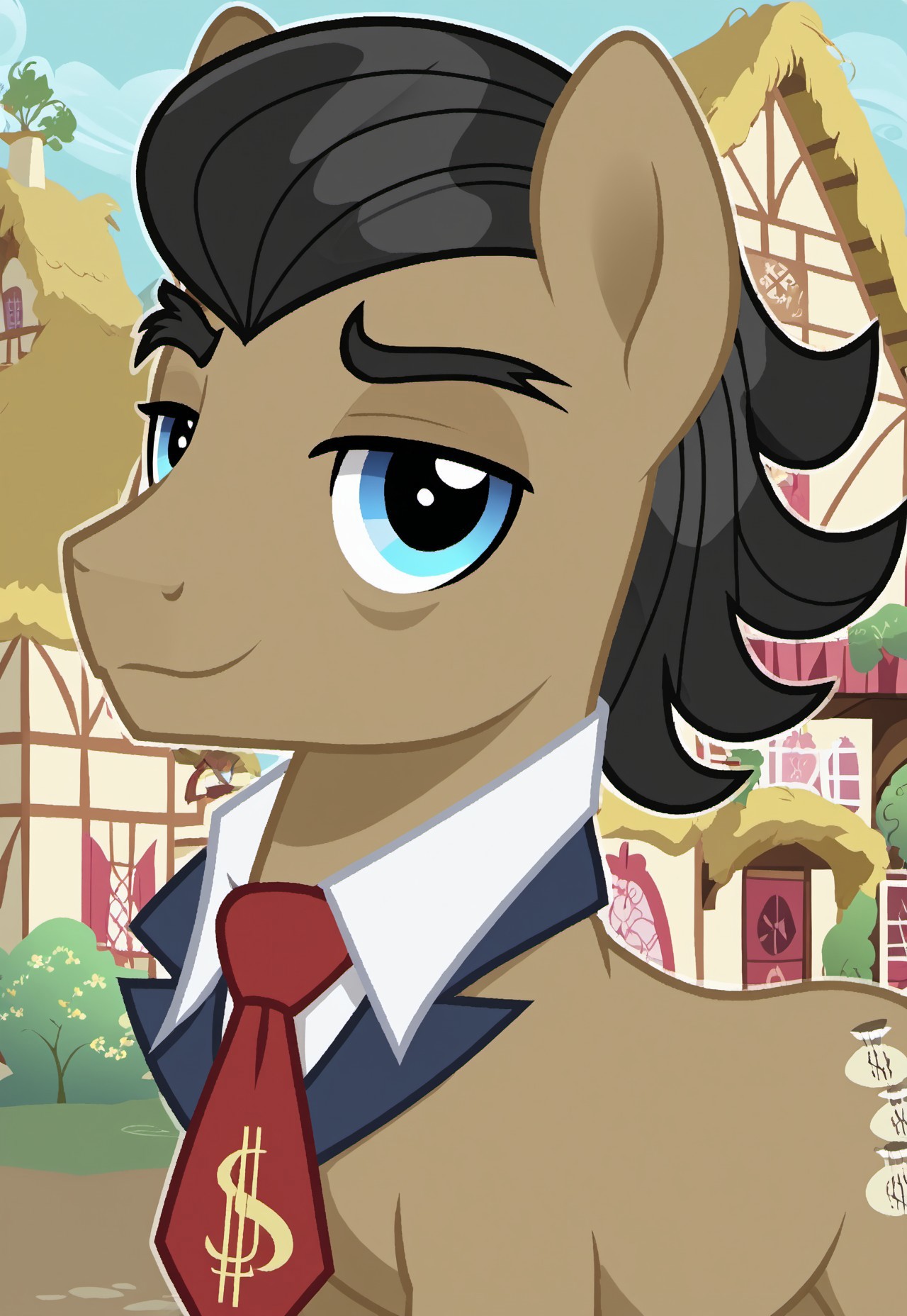 safe_pos, safe_pos, score_9, score_8_up, score_7_up, source_anime, rating_nsfw, ultra hd, absurdres, solo, masterpiece, best quality, best aesthetic, Expressiveh, wolfconf,

MLPFilthyRich, money bag cutie mark, no humans, red necktie, black hair, horse, pony, ponyville, looking at viewer