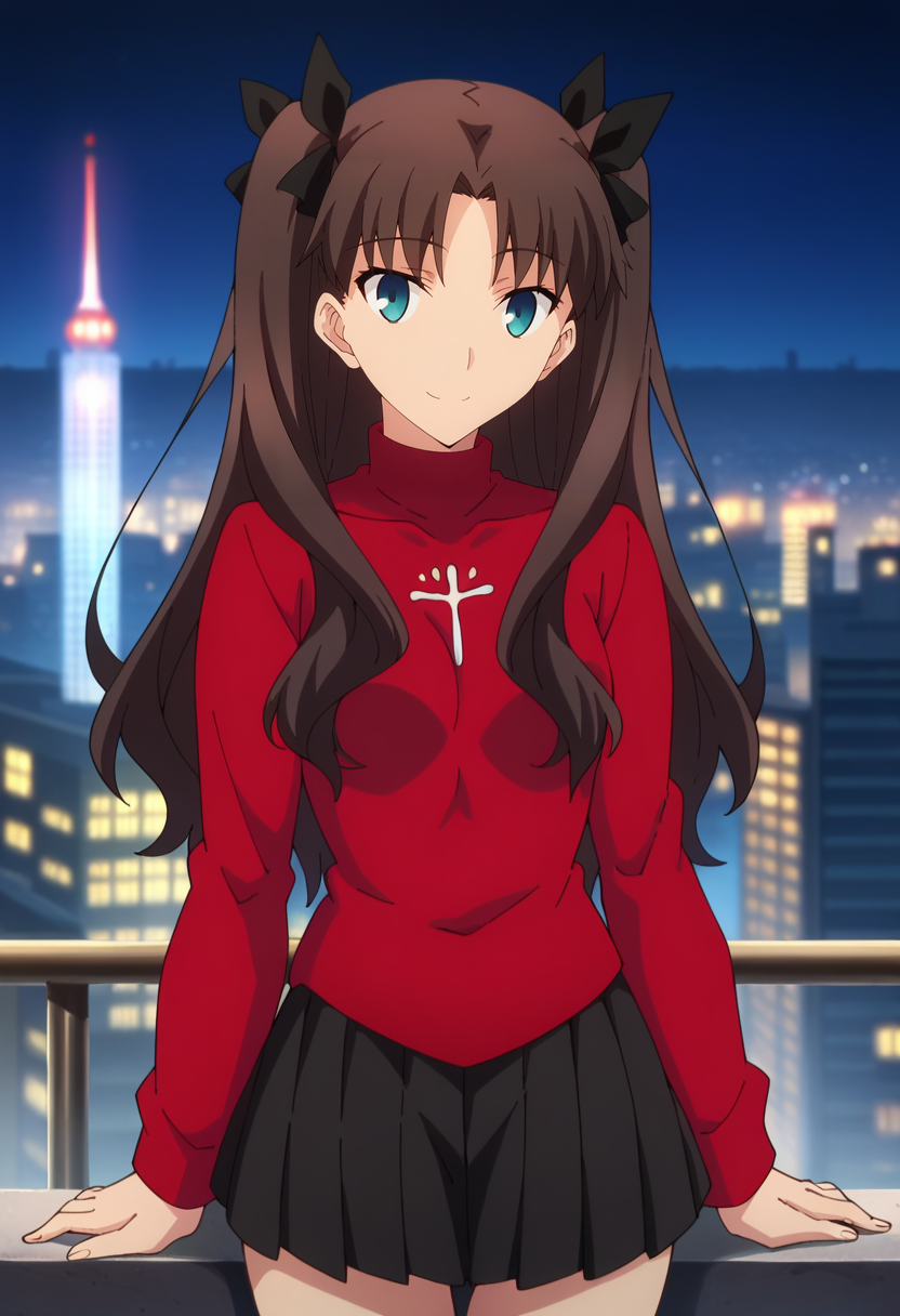 score_4, score_5, score_6, score_9, score_8_up, score_7_up, source_anime,
<lora:FateStayNightUBW_TohsakaRin:0.8>, TohsakaRin,
1girl, closed mouth, light smile,
brown hair, two side up, parted bangs, blue eyes, hair ribbon,
RinSweater, red sweater, black skirt, long sleeves, pleated skirt,
looking at viewer, thigh gap,
night, (cityscape:1.2)