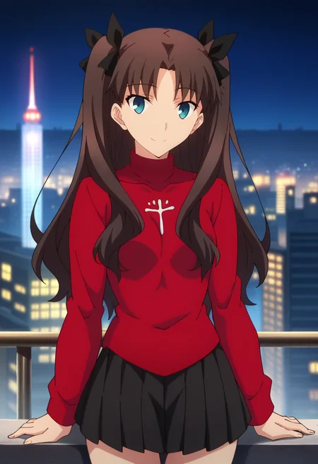 score_4, score_5, score_6, score_9, score_8_up, score_7_up, source_anime,
<lora:FateStayNightUBW_TohsakaRin:0.8>, TohsakaRin,
1girl, closed mouth, light smile,
brown hair, two side up, parted bangs, blue eyes, hair ribbon,
RinSweater, red sweater, black skirt, long sleeves, pleated skirt,
looking at viewer, thigh gap,
night, (cityscape:1.2)