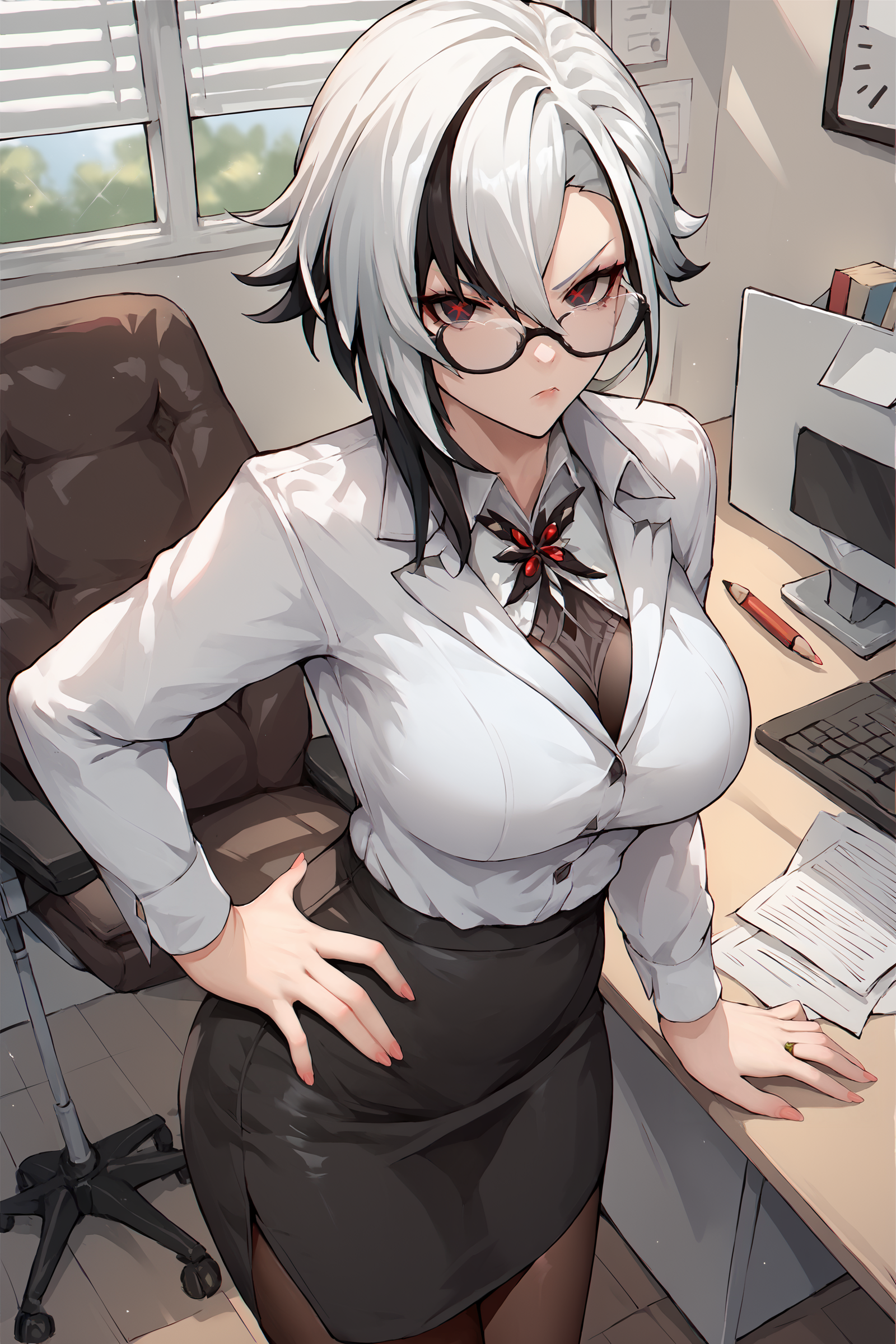 score_9, score_8_up, score_7_up, source_anime , 1girl, arlecchino \(genshin impact\), solo, office lady, white collared shirt, pencil skirt, black pantyhose, glasses, glaring, looking at viewer, hand on hip, office, indoors, depth of field  <lora:Expressive_H:0.8>  <lora:Char-Genshin-Arlecchino-Pony-V1:0.9>