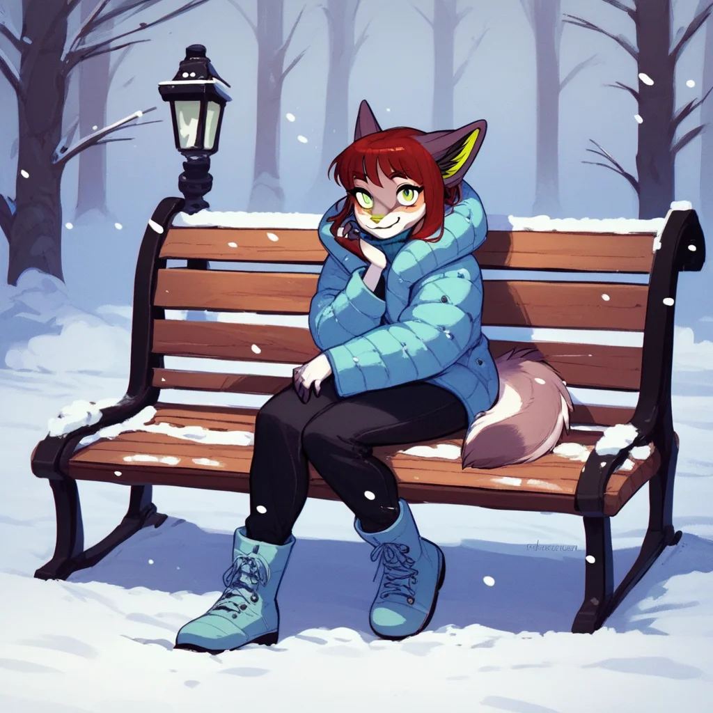 score_9, score_8_up, score_8, score_7, source_furry, RishiC, solo, 1girl, anthro, female furry, canine furry, coyote, tan and white fur, red hair, two-toned tail, grey ears, green eyes, green nose, black fingers, full body, winter coat, black pants, winter boots, snowing, nighttime, sitting on bench, under lamp post, neutral expression, looking at viewer, smiling,
