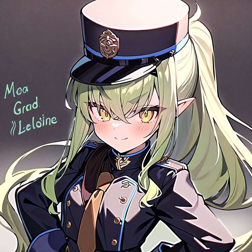 1girl, Melusine \(fate grand order\), fate grand order, solo, long hair, hat, white hair, pointy ears, yellow eyes, peaked cap, jacket, black gloves, hand on own hip, closed mouth, hair over one eye, looking at viewer, brown necktie, large breasts, eyes visible through hair, smile, long sleeves, ponytail, gloves, upper body, light green hair, character name, necktie, breasts, english text, blush, black headwear, white jacket, 
masterpiece,best quality,  newest, absurdres, safe <lora:ag31_twin_fp8-000036:1>
