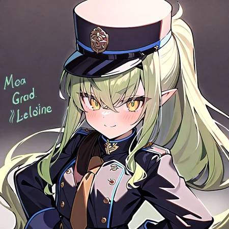 1girl, Melusine \(fate grand order\), fate grand order, solo, long hair, hat, white hair, pointy ears, yellow eyes, peaked cap, jacket, black gloves, hand on own hip, closed mouth, hair over one eye, looking at viewer, brown necktie, large breasts, eyes visible through hair, smile, long sleeves, ponytail, gloves, upper body, light green hair, character name, necktie, breasts, english text, blush, black headwear, white jacket, 
masterpiece,best quality,  newest, absurdres, safe <lora:ag31_twin_fp8-000036:1>