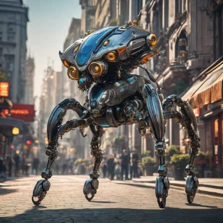 ((best quality)), ((masterpiece)), ((realistic)), (detailed), Large Prowling Pulsating Retro Robotic, Hexapod Armless, Clawed Appendages,  Long-Tailed, Exoskeleton, Tufted Ears,  Curved Horns Tentacled Mouth , ((masterpiece)), 8K, HDR