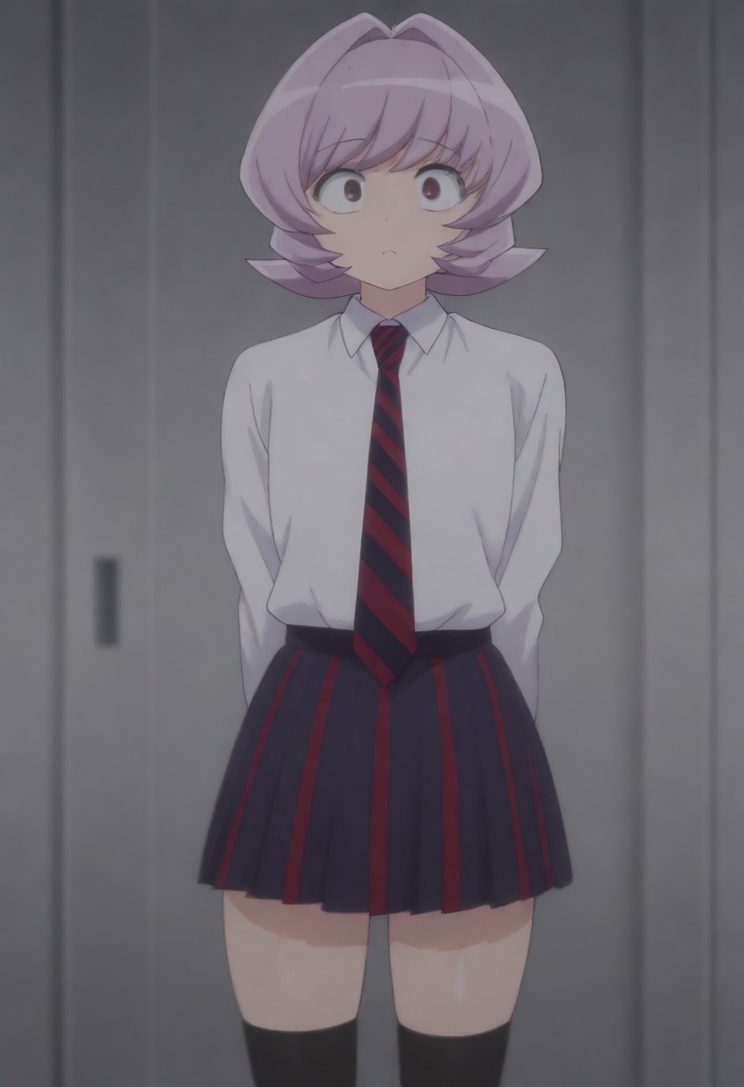 masterpiece, best quality, amazing quality,,, shiny skin,,,,,<lora:Osana_Najimi_cnn:0.8> osananajimicnn,,short hair, brown eyes,androgynous, light purple hair, school uniform, white shirt, striped necktie,striped skirt, pleated skirt,black thighhighs,