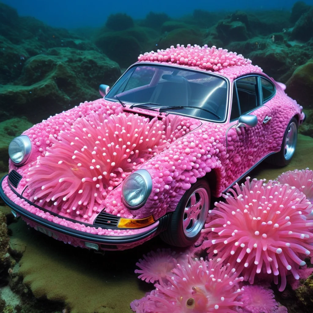 porsche 911 made out of N30N, <lora:Neon_Sea_Life:0.7> sea anemone,