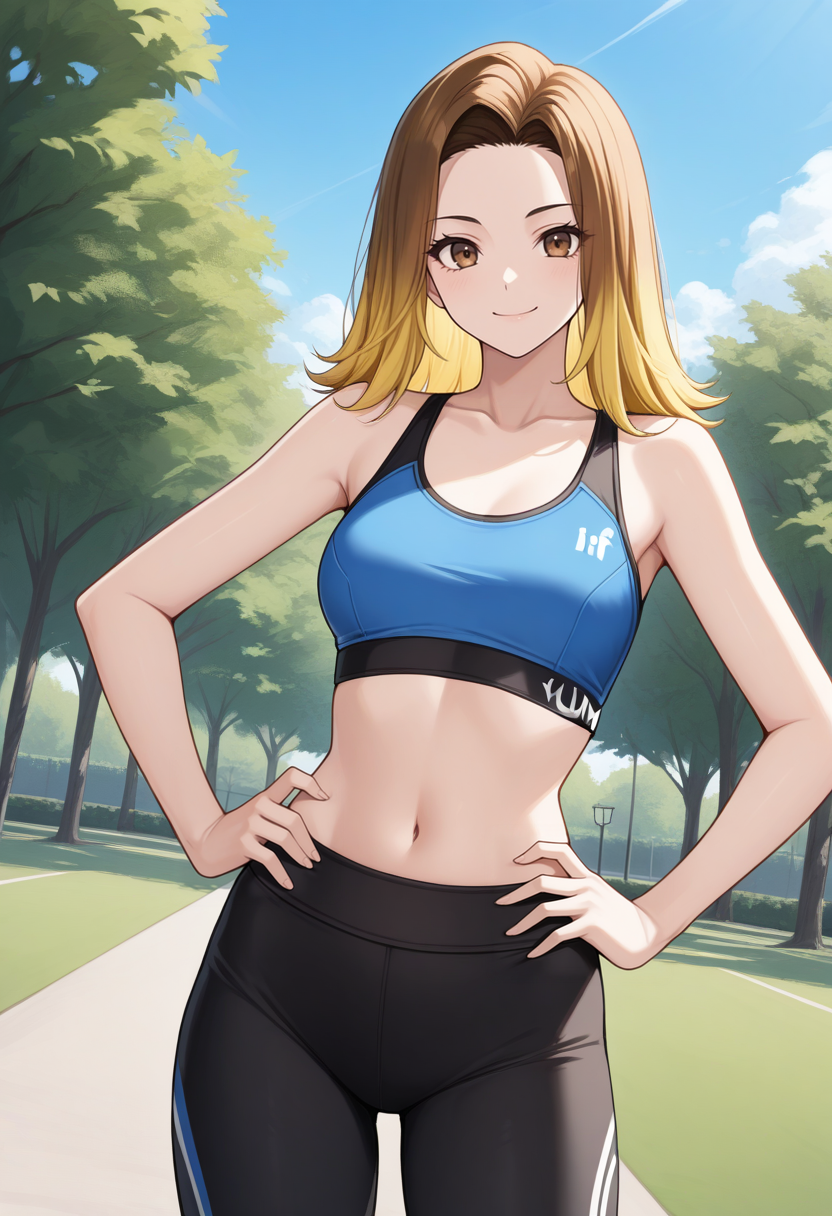 masterpiece, best quality, 1girl, solo, looking at viewer, cowboy shot, smile, park, blue sky, hands on hips
red sports bra, black yoga pants
 <lora:zs_YumiILLU:1> yum1if, multicolored hair, blonde hair, brown hair, brown eyes,