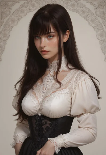safe_pos, 1girl, simple Victorian background, freckles, long hair, dark hair, bangs, medium breasts, iridescent green eyes, 

black lace dress, 

upper body, 

score_8, score_9_up,