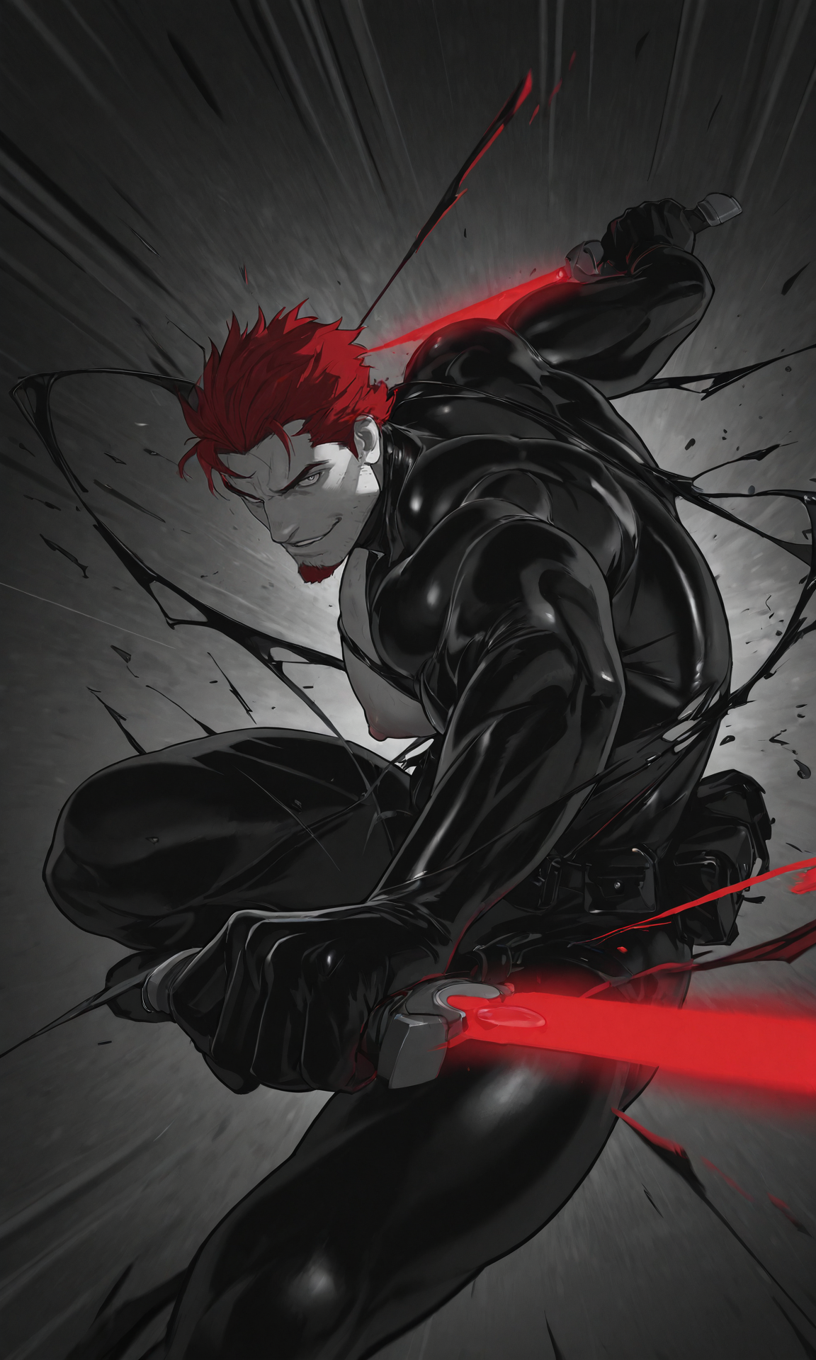 1boy, male focus, bara, muscular, large pectorals, huge pectorals, puffy nipples, red hair, grey eyes, goatee, black spy latex bodysuit, torn bodysuit, black latex strap, black latex belt, belt pouch, glowing red neon dagger, dual wielding daggers, reverse grip, smirk, parted lips, action shot, foreshortening, dutch angle, fighting stance, battle, motion lines, motion blur, abstract, spot color, blue and black theme, dark, grainy, cinematic, very awa, masterpiece, best quality, absurdres, newest, perfect quality, detailed background, intricate details, (artist:bonjourdraws:0.7), (artist:tooboshoo:0.5), (artist:dizdoodz:0.7)