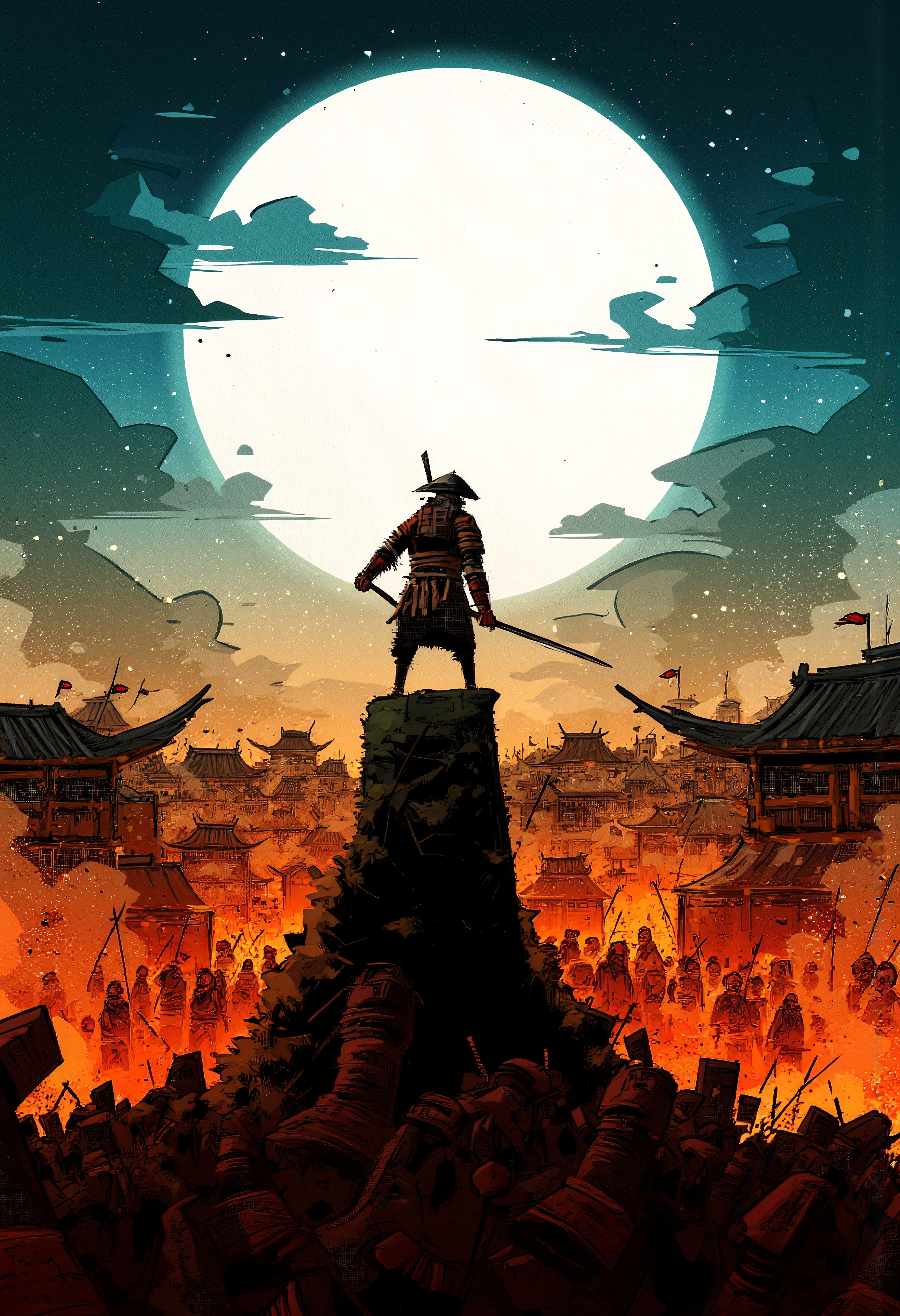By Alex Vede, illustration, A Samurai rim light brightly, with back to viewer stands with one arm stretched holding a katana, in front of him are samurai's waiting to attack him, last stand, an ancient Japanese town, colorful scenery, Tense, Action, dramatic, vibrant glow