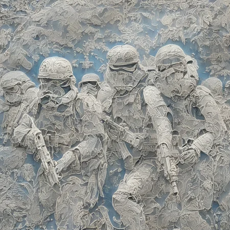 <lora:SDXL_lace_drawing_Sa_May_V3:1> lace drawing, detachment of 3 deathtroopers on a mission to destroy Santa Claus
