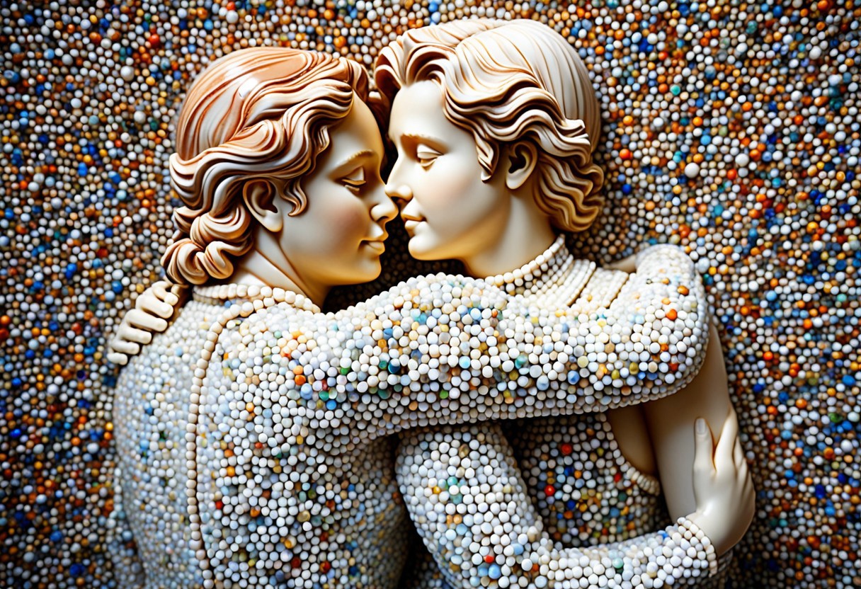 lazypos, made of marbles, realistic skin tones, bright marble clothing ,rating pg., high quality,masterpiece,high quality,masterpiece,absurd resolution,made of Marble, Marbles bead,statue , couple embracing, colorful bead mosaic behind them