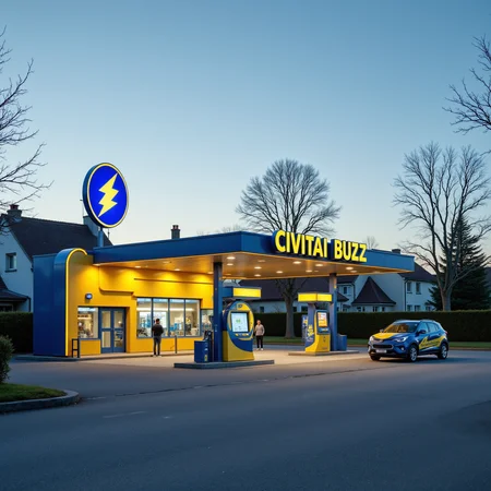 The image is a photograph of an CIVITAI BUZZ gas station taken during twilight. The sky is transitioning from a pale blue to a bright yellow, indicating the time is just after sunset. The gas station is modern with clean lines and a sleek design. The building is predominantly yellow with blue accents, and it features a large, illuminated sign displaying the CIVITAI BUZZ logo a yellow lightning bolt symbol with white text.
In the foreground, there is a row of fuel pumps, each with a blue canopy. The pumps have digital screens showing prices, with one prominently displaying "BUZZ" in bright yellow. The pumps are arranged in a neat row, with a few cars parked in front of them, including a blue-and-yellow-colored SUV. The parking lot is paved and appears clean and well-maintained. Surrounding the gas station, there are bare trees, suggesting it is either winter or early spring. In the background, a few houses with dark roofs are visible, partially obscured by the trees. The overall scene is calm and orderly, with the gas station as the focal point. <lora:aidmaFLuxPro1.1_v0.3:1>