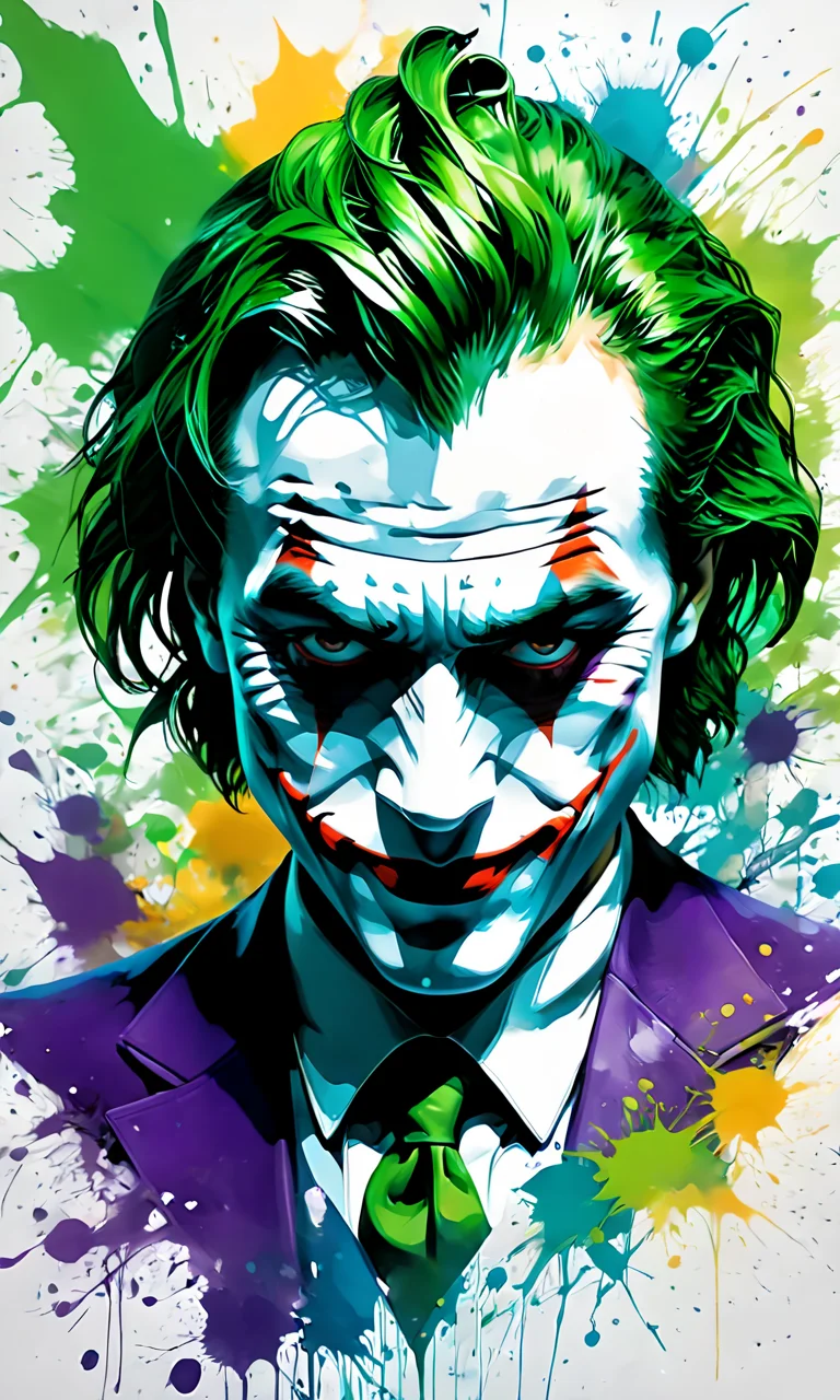 portrait of joker face, paintsplashsdxl, <lora:paintsplashsdxl:1>, vibrant color, best quality, masterpiece, green and purple paint,