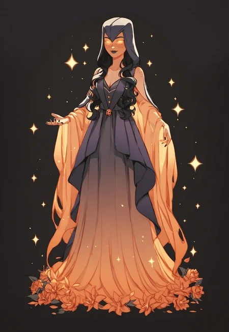 score_9, score_8_up, score_7_up, score_6_up, score_5_up, score_4_up, Halloween, monster girl, no pupils, witch_coc, hood  1girl, full body, black hair, white inner hair, long wavy hair, mystical coat, stardust, glowing sparkles, ethereal,  freckles, dark and purple two-tones sorceress dress, (beautiful:1.2), (elegant:1.1), (serene:1.1), orange theme, source_fantasy, rating_safe, Vintage