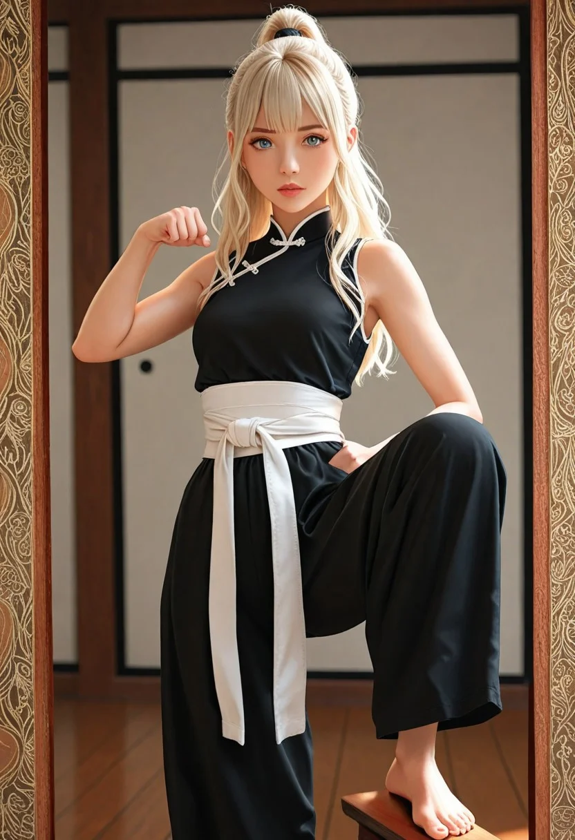 highly detailed, digital illustration in a realistic fantasy style,
1girl, Lea, fair porcelain-like skin, long wavy platinum blonde hair styled in a high ponytail with bangs framing her face. petite and slender figure, small breasts. small nose, blue eyes, martial arts pose. dynamic pose,
Black attire, traditional chinese clothes, indoor, sect, martial arts sect, demonic sect,
masterpiece, 32k, realistic,