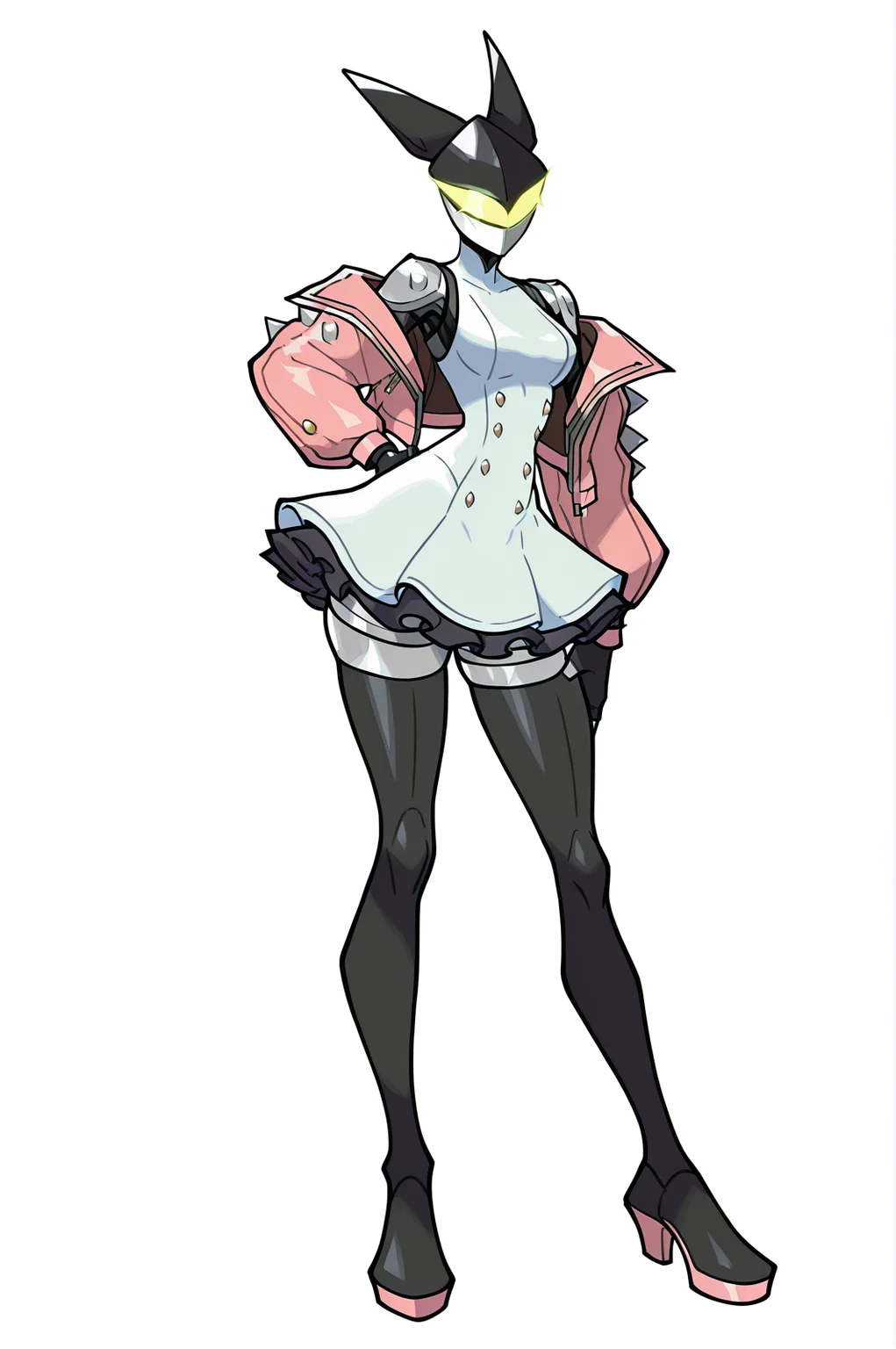 1girl, solo, BC-1 robot, BC-1 helmet, BC-1 visor, BC-1 faceguard, colored skin, black metallic skin, wearing the outfit of elphelt valentine, guilty gear strive, pink leather jacket, white dress, thighhighs
medium breasts, animification, wearing cartoony clothing,
masterpiece, best quality, newest, absurdres, highres, sensitive, sugimori Ken <lora:BC-1_illustrious_V2:0.8> <lora:YugiHose:1>