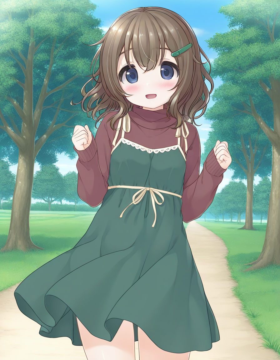 general,highres, ultra-detailed,very aesthetic,best quality ,best hands,  BREAK <lora:Fukami_Nonoka_IS:1> FukamiNonoka, 1girl,solo, bangs, medium hair, brown hair, hairclip, blue eyes, smile, open mouth,
FukamiNonoka, solo, blush, dress, looking at viewer, long sleeves, parted lips, hair between eyes, green dress, cowboy shot, clenched hands, turtleneck, 
sweater, hands up, sleeves past wrists, sleeveless dress, standing, open mouth, 
grass, sky, day, spring, tree,
