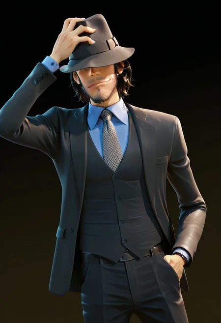 score_9, score_8_up, score_7_up, score_6_up, perfect anatomy, perfect proportions, best quality, masterpiece, high_resolution, high quality, best aesthetic, incredibly absurdres, highres, extremely detailed, huge filesize, solo male, adult, mature, masculine, manly, handsome, charming, alluring, standing, upper body, dutch angle, cowboy shot, perfect face, source_anime \(Lupin III: The First\), anime coloring \(Lupin III: The First\), LP3TFDaisuke, Daisuke Jigeni \(Lupin III: The First\), black hair, sideburns, facial hair, stubble, chinstrap beard, jawline beard, eyeless, hidden eyes, eyes in shadow, eyes hidden by shadows, LP3TFDaisuke_outfit01, black fedora, black three-piece suit, light blue collared shirt, necktie with a white dotted pattern, black vest, black blazer, black pants, black boots, low angle, from below, simple background, dark background, adjusting hat, hands on hat