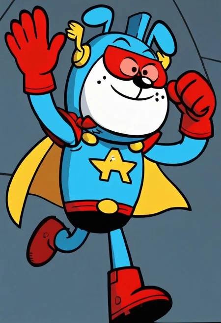 (score_9 | score_8_up | score_7_up) ((masterpiece:1))(best quality,very high quality,ultra detailed:1.2) (2D,cartoon style,anime style)(Smooth:2)(clean blurring) (four fingers on each hand,one thumb on each hand:1), solo, charles, dog, paws, all fours, black spot on left eye, white, happy, red blue and yellow super hero costume, blue super hero costume, super hero, red goggles, two side winged headpiece, yellow cape, thick red boots, red glove, 'A' Logo in the middle,
