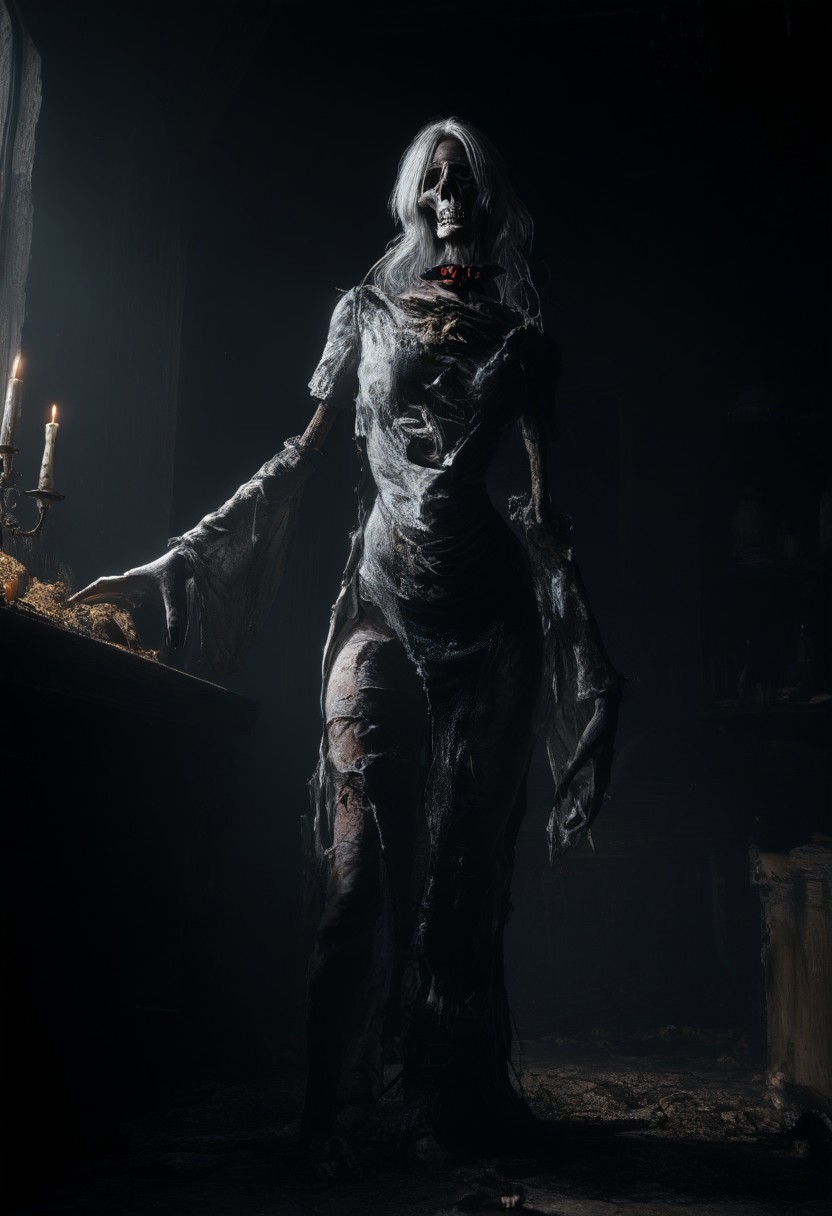 score_9, score_up_8, masterpiece, best quality, explicit, high detail,newest, safe, rating_explicit, fantasy, scary, horror, grotesque, nighttime, noticeable noise in dark areas, dynamic angle, full body shot, focus on face BREAK 1woman, undead woman, thin body, see-through body, collar bone, bony body, long straight,white hair, whitish eyes, alebastr skin,  scars, holds a skull in his hand, angry expression, torn clothes,  BREAK indoors, tomb, candles, dark theme, fog, dim white light from behind, dramatic light.