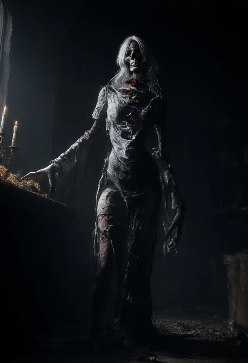 score_9, score_up_8, masterpiece, best quality, explicit, high detail,newest, safe, rating_explicit, fantasy, scary, horror, grotesque, nighttime, noticeable noise in dark areas, dynamic angle, full body shot, focus on face BREAK 1woman, undead woman, thin body, see-through body, collar bone, bony body, long straight,white hair, whitish eyes, alebastr skin, scars, holds a skull in his hand, angry expression, torn clothes, BREAK indoors, tomb, candles, dark theme, fog, dim white light from behind, dramatic light.