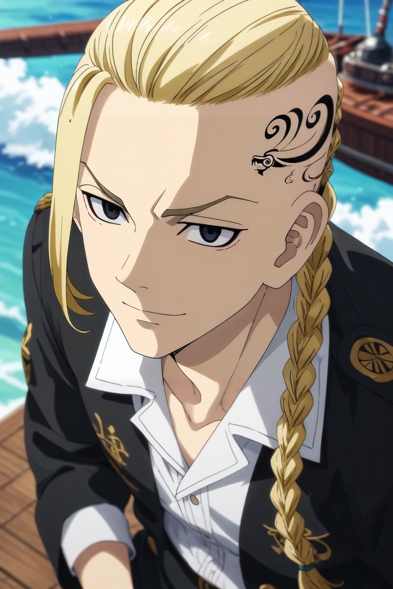 score_9, score_8_up, score_7_up, source_anime, rating_safe, , , looking at viewer, depth of field, 1boy, solo, male focus, <lora:ken_ryuuguuji_pony:1>, ken_ryuuguuji, blonde hair, black eyes, braid, single braid, braided ponytail, tattoo, long hair, from above, pirate ship, day, holding object, seductive smile, , <lora:sdxl_lightning_8step_lora:1>
