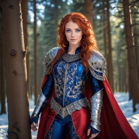 Odessa, masterpiece, 1girl, solo, red hair, long hair, smile, circlet, pants, cape, armor, closeup, full body, outdoors,(masterpiece:1.1), (best quality:1.1), 1girl, Real light and shadow, photo-realism, raytracing, 4k, 8k, wallpaper,epic, detail texture, red hair, (blue eyes:1.5), ((((red hair:1.35, medium hair)))), intricate eyes, beautiful detailed eyes, symmetrical eyes, big eyes:1.5, (((lustrous skin:1.5, bright skin: 1.5, skin tanned, shiny skin, very shiny skin, shiny body, plastic glitter skin, exaggerated shiny skin, illuminated skin))), (detailed body,(detailed face)), cute, erotic, daring, (((medieval armor, adventurer man armor, winter coat))), (((intricate outfit, intricate clothes, embroidered outfit, ornate outfit, embroidered clothes, ornate armor))), (dynamic pose:1.0), happy, smile, (centered, scale to fit dimensions, Rule of thirds), ((snowy pine forest at night)), with dark stormy clouds, winter scenery:1.25, ((snow forest background)), Christmas tree, highres, sharp focus, (ultra detailed, extremely detailed), (photorealistic) (extremely detailed CG unity 8k wallpaper), (((vibrant colors,vibrant theme))), (intricate), (masterpiece),(best quality), lean on table, lace dress