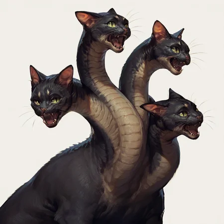 score_9, score_8_up, score_7_up, score_6_up, score_5_up, score_4_up,<lora:Hydra:1>Hydra, multiple heads, long neck,((cat face)),