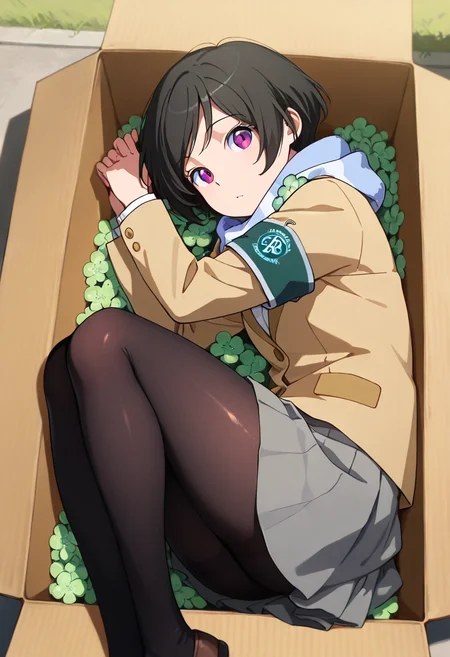 masterpiece, best quality, amazing quality, very aesthetic, absurdres, newest, illustration, perfect composition, intricate details, highres, anime coloring, 1girl, solo, inkoww, purple eyes, black hair, short hair, school uniform, blue striped scarf, four-leaf clover, blazer, long sleeves, armband, grey skirt, black pantyhose, <lora:Amifumi_Inko_Aldnoah_Zero_ill_v1.1:1>, lying, on side, legs together, looking at viewer, cardboard box, in box, folded, tightly folded, outdoors, shiny body, shiny skin, skindentation, clear skin, shiny hair, ultra detailed eyes, depth of field, sharp, intricate details, hyperdetailed, ultra-detailed, detailed clothing folds, high contrast, dynamic light