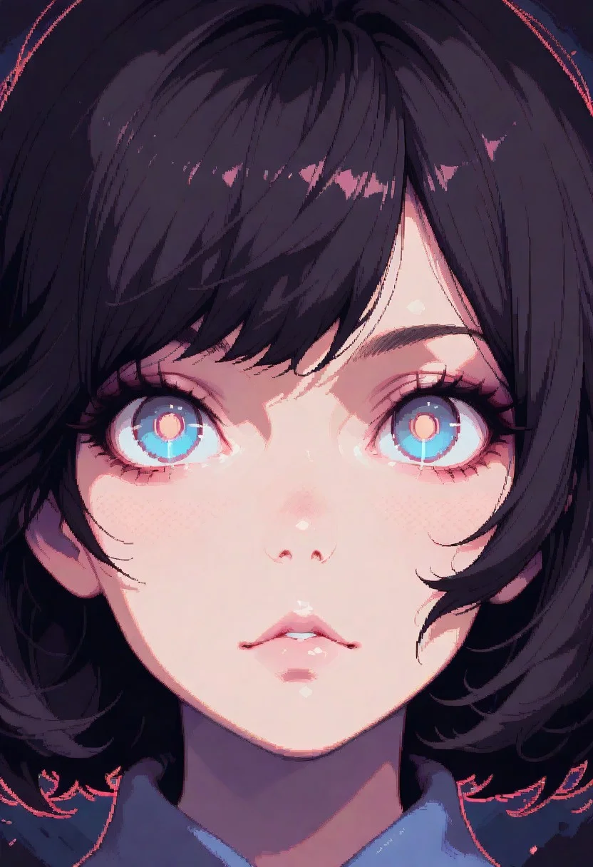 masterpiece, best quality, amazing quality, very aesthetic, (flat colors:1), (Artist:ilya kuvshinov:1), 1 girl, dpa,pixel art, portrait, dark hair, large pupils,