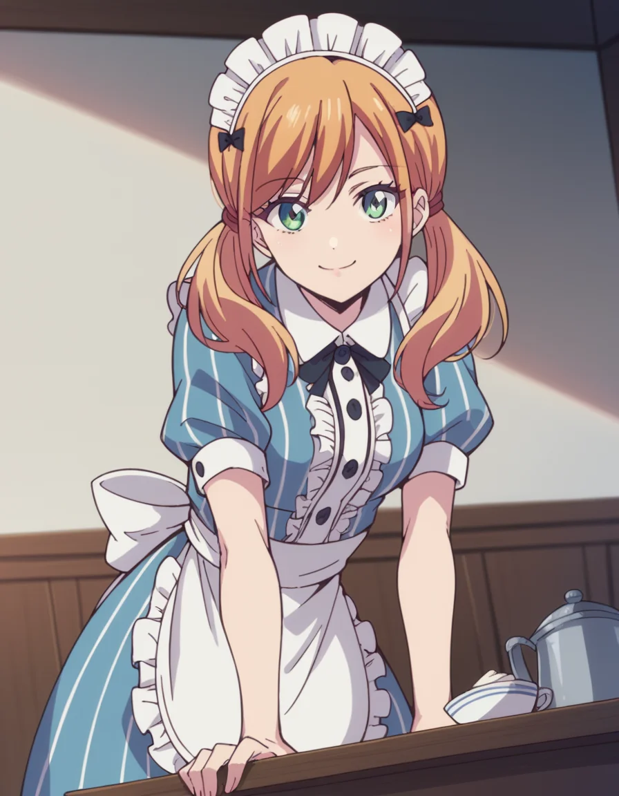 score_9, score_8_up, score_7_up, source_anime, <lora:riho-tsukishima-s1-ponyxl-lora-nochekaiser:1>, riho tsukishima, long hair, bangs, twintails, green eyes, low twintails,, dress, bow, short sleeves, frills, striped, apron, maid, maid headdress, blue dress, waist apron, white apron, vertical stripes, indoors, restaurant, bent over, smile, looking at viewer, solo,, cowboy shot, dutch angle