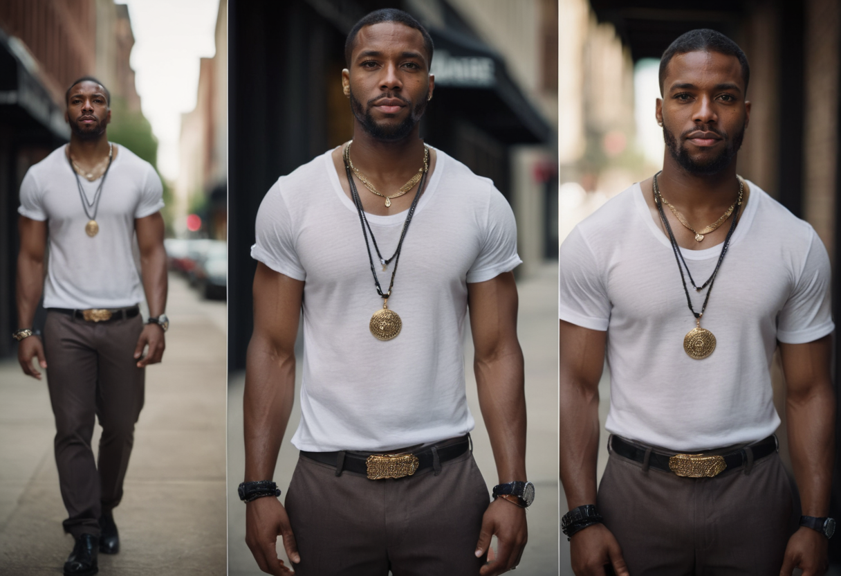 cinematic film still multiple views, a black man, pants, street urban, necklace, jewelry, big watch, t-shirt, standing,
 <lora:MultipleViewsXL:0.75>, , <lora:FILM_PHOTOGRAPHY_STYLE:0.25> . shallow depth of field, vignette, highly detailed, high budget, bokeh, cinemascope, moody, epic, gorgeous, film grain, grainy