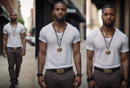 cinematic film still multiple views, a black man, pants, street urban, necklace, jewelry, big watch, t-shirt, standing,
<lora:MultipleViewsXL:0.75>, , <lora:FILM_PHOTOGRAPHY_STYLE:0.25> . shallow depth of field, vignette, highly detailed, high budget, bokeh, cinemascope, moody, epic, gorgeous, film grain, grainy