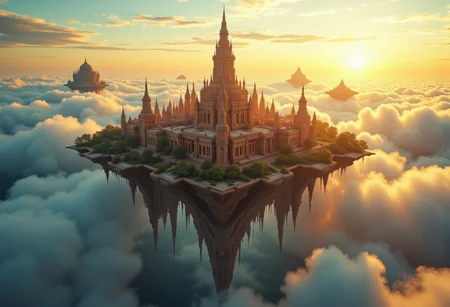 the most realistic, photorealistic photo ever taken [flythrough a VAST ANCIENT mystical ISLAND city in the clouds, GOLDEN HOUR, a dream world , shifting landscapes, and ethereal creatures, Captured with a Hasselblad X2D 100C and an 80mm f/1.9 lens, hyper-realistic textures, soft studio lighting, elegant shadows, styled for a Vogue beauty editorial, incredible realism, creamy bokeh, ultra-detailed textures, perfect lighting, styled for a Vogue cover]  aidmaimageupgrader, aidmamj6.1